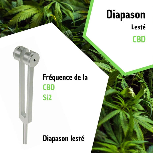 Weighted tuning fork Si2 frequency for CBD resonance, molecular sound chemistry design, includes black velvet case.